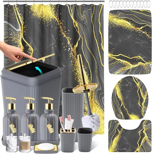 Miniatura 61 de 21PCS Bathroom Sets with Shower Curtain and Rugs Bathroom Accessories Set Beige Bathroom Set Complete with Trash Can, Toilet Brush, Qtip Holder &