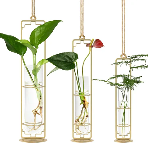 Miniatura 8 de MIPON Estación de propagación de plantas colgantes de metal, maceta hidropónica de tubo de ensayo de vidrio de 3 tamaños, soporte bohemio para Negro