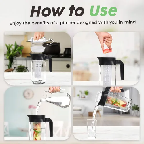 Miniatura 2 de Jarra de agua con infusor de frutas de vidrio pequeño, jarra de infusión de vidrio de borosilicato de 36 onzas con varilla infusora extraíble