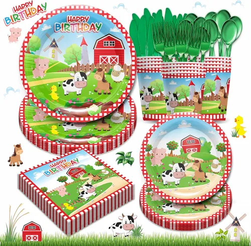 Miniatura 9 de Juego de 168 platos para fiesta de cumpleaños de granja, decoraciones de fiesta de animales de granja, incluye platos de vaca, vasos, servilletas