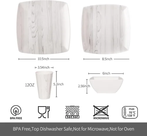 Miniatura 2 de Juego de vajilla de melamina de 16 piezas con aspecto de madera, tazas cuadradas, vasos de madera de grano de madera, platos de plástico