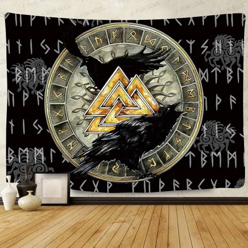 F-FUN SOUL Tapiz nórdico de cuervo vikingo, 40 x 30 pulgadas, misteriosas runas de meditación vikinga, arte nórdico, tapices colgantes de pared para