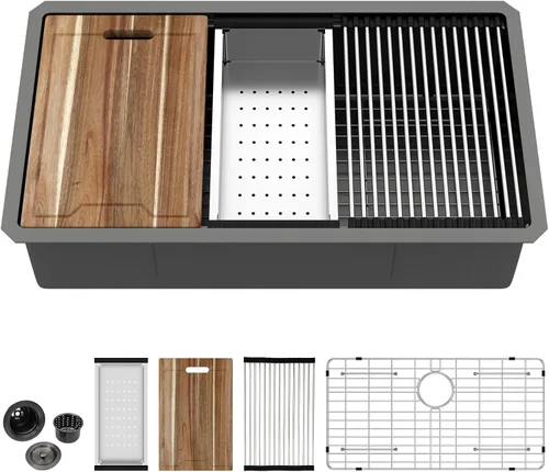 Miniatura 18 de Kichae fregadero de cocina bajo encimera de 32 pulgadas, de un solo tazón, de acero inoxidable, calibre 16, de esquina redonda, hecho a mano
