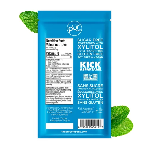 Miniatura 2 de PUR Mentas Mentas para aliento fresco sin aspartame Elaboradas con xilitol Sin azúcar, veganas, sin gluten Sabor natural a menta piperita