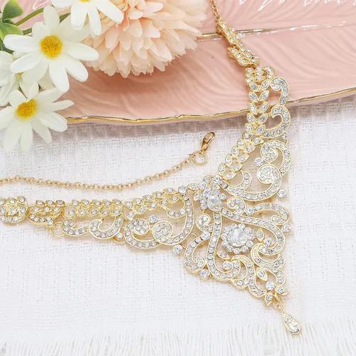 Miniatura 3 de Gold Prom Jewelry Wedding Jewelry Set Bridal Necklace Rhinestone Earrings Bracelets