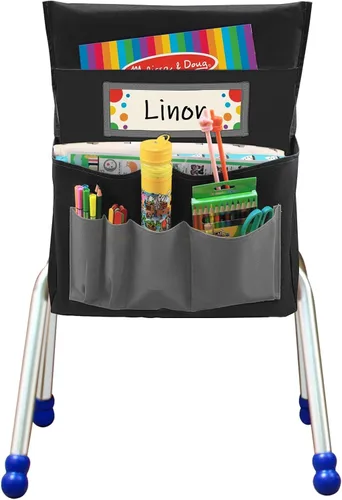 Bolsillo trasero negro para silla de asiento escolar, organizador de bolsillo con ranura para etiquetas, múltiples bolsillos para escuela, hogar,