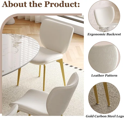 Miniatura 4 de Montary Juego de 2 sillas de comedor, modernas sillas de comedor con patas de acero dorado, elegantes sillas de piel sintética beige con respaldo