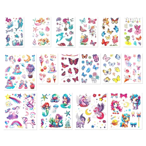 Miniatura 9 de Más de 150 tatuajes temporales con purpurina para niñas – Adhesivos impermeables envueltos individualmente – Sirena, unicornio, hada, mariposa y más