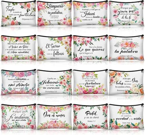 Miniatura 11 de Pinkunn - 16 bolsas de maquillaje de lona, regalos a granel para mujeres, bolsa de cosméticos inspiradores cristianos religiosos con cremallera