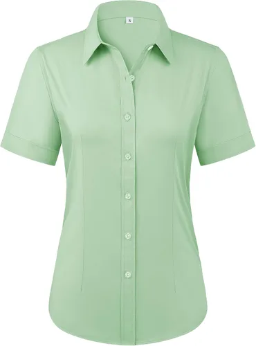Miniatura 13 de Siliteelon - Camisas de vestir con protección contra manchas, sin arrugas, de manga corta, color liso, con botones, para mujer