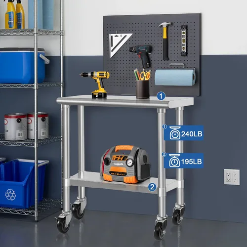 Miniatura 4 de HARDURA Mesa comercial de acero inoxidable para preparación y trabajo con ruedas, mesa de metal resistente con ruedas, NSF 430, 14 x 30 pulgadas