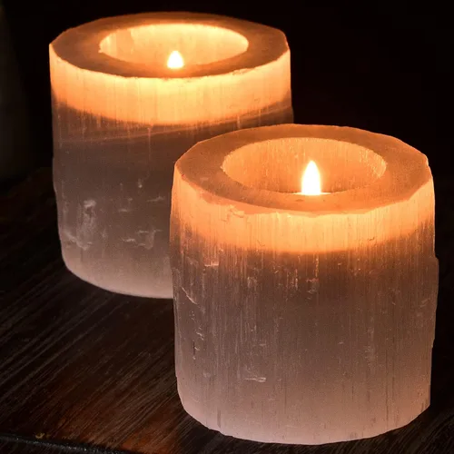 AMOYSTONE Portavelas de selenita de cristal natural, candelabros decorativos de cristal blanco, 2.5 pulgadas, 2 unidades