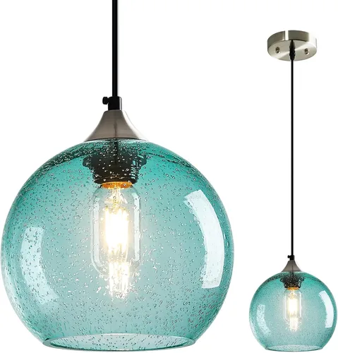 Miniatura 32 de Luces colgantes de cristal verde claro, iluminación de isla de cocina, luminarias de luz colgante de globo, iluminación colgante moderna