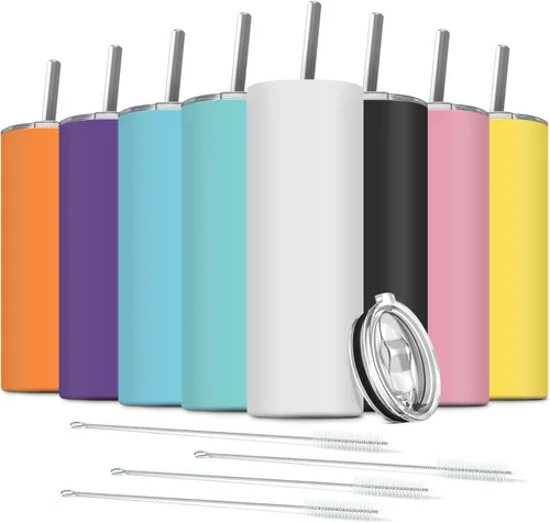 Miniatura 23 de Paquete de 6 vasos delgados de acero inoxidable, vaso de agua de doble aislamiento de 20 onzas con 6 popotes y 3 cepillos, taza de viaje al vacío