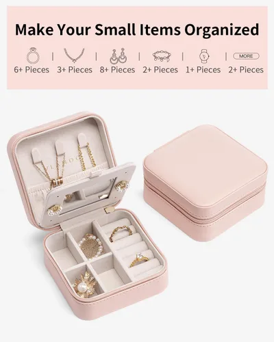 Miniatura 7 de Vlando Pequeño organizador de joyas de viaje, vitrina de joyería para niñas y mujeres, regalo de dama de honor, anillos, aretes, collares