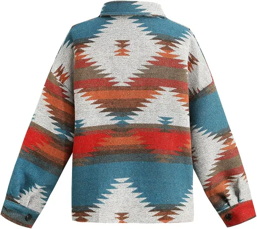 Miniatura 3 de VIEWON Chaqueta de manga larga con estampado azteca para mujer estilo occidental con botones ligera casual con solapa