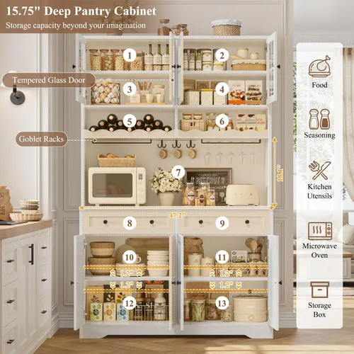 Miniatura 5 de HOSTACK Gabinete de Despensa de Cocina de 75.4" de Alto con Estación de Carga, Aparador de Cocina Blanco Moderno con Soporte para Microondas