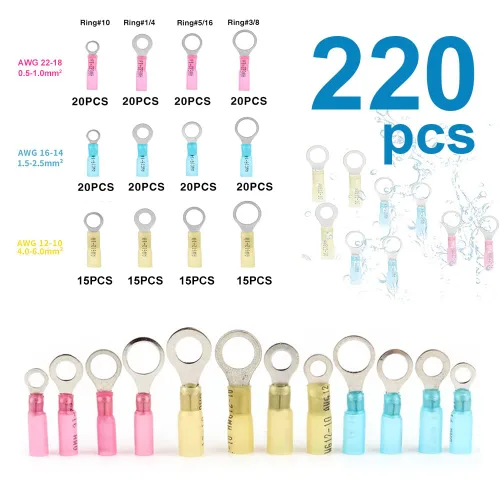 Miniatura 2 de Kit de 220 conectores de cable termorretráctil, terminales de anillo eléctrico con aislamiento impermeable, conectores a tope termorretráctiles