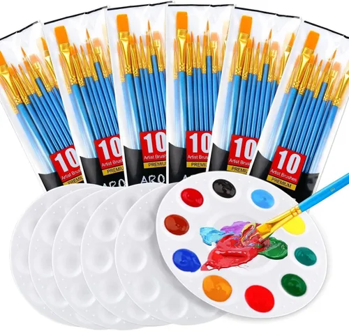 Juego de paleta de pinceles de pintura, con 6 paquetes de 60 pinceles y 6 paletas, cabezal de pincel de nailon, adecuado para acuarela al óleo,