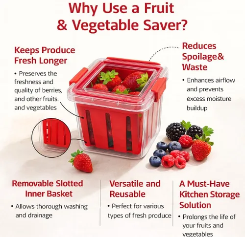Miniatura 3 de Home & Style Recipiente de almacenamiento de productos con colador, enjuague, escurre y mantiene las frutas frescas, sin BPA, con tapa, ideal