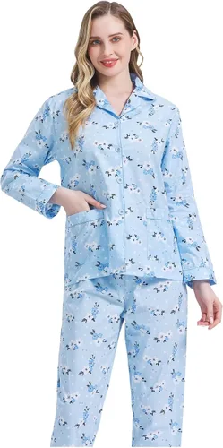 Miniatura 7 de Amaxer Conjunto de pijama 100% algodón para mujer, de manga larga, suave, con botones, con cordón elástico