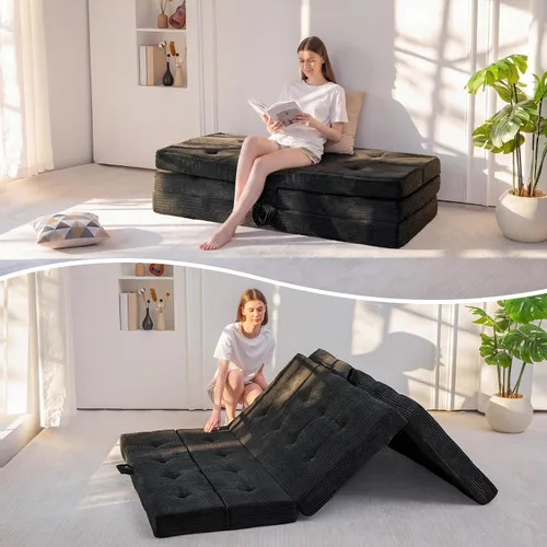 Miniatura 12 de MAXYOYO Sofá cama plegable de 4 pulgadas, sofá plegable copetudo, sofá portátil con asas, cubrecolchón de cama de invitados, tapete portátil