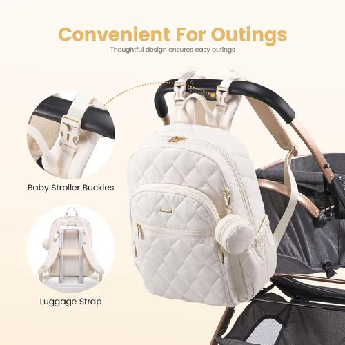 Miniatura 7 de LOVEVOOK Mochila para pañales, bolsa de pañales acolchada para bebé con bolsillos aislados, mochila de pañales de viaje para niños y niñas con Beige
