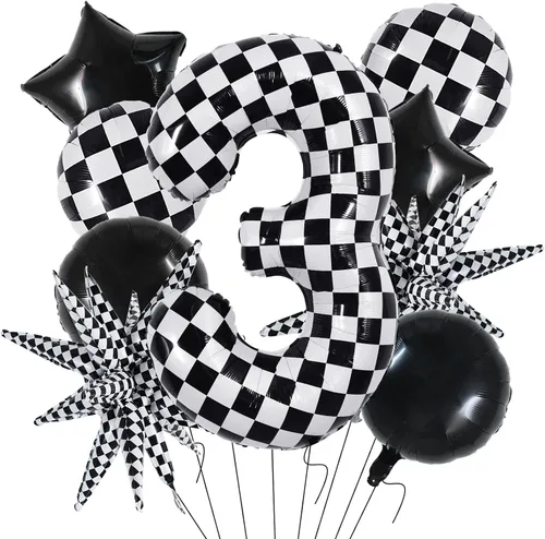 Miniatura 10 de TONIFUL 18 globos a cuadros blancos y negros, globos de carreras de 18 pulgadas para decoraciones de fiestas temáticas de autos de carreras rápidas