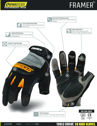 Miniatura 5 de Ironclad Framer; guantes de trabajo de carpintero, destreza de dedo abierto, ajuste de rendimiento, duradero, lavable a máquina, FUG-05-XL