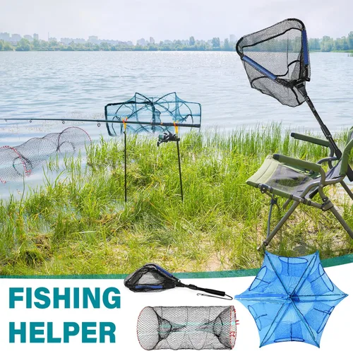 Miniatura 6 de Windyun 3 trampas de cebo de pesca plegadas, incluye red de aterrizaje de peces con mango telescópico, trampas cilíndricas hexagonales para peces