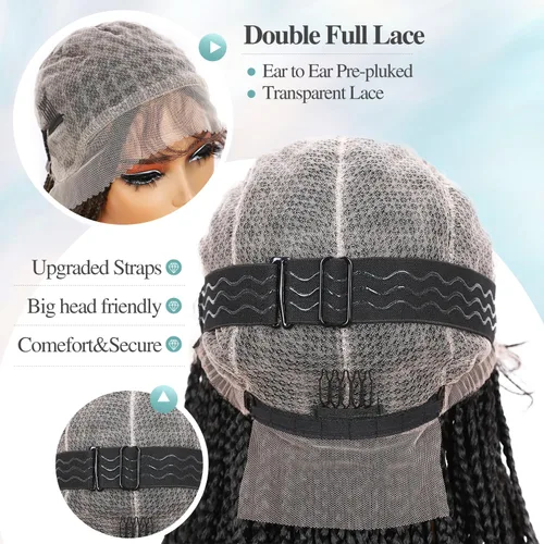 Miniatura 8 de Pelucas trenzadas de encaje completo, sin nudos, trenza, peluca de extremos rizados para mujeres negras, 28 pulgadas, cuadrada, trenzada, encaje