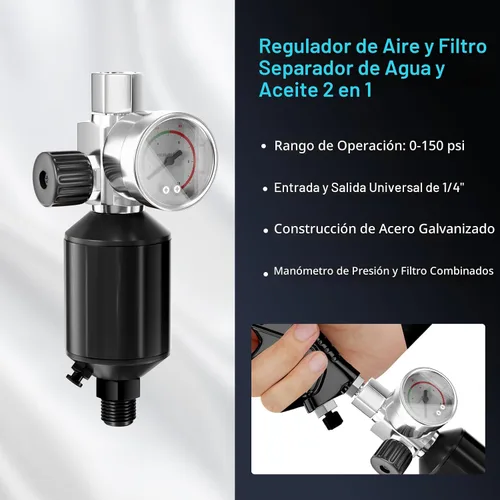Miniatura 5 de Pistola rociadora de aire HVLP con boquillas de 1.4/1.7/2mm y regulador de compresor de aire, pistola de pintura de aire con taza de mezcla de 600cc