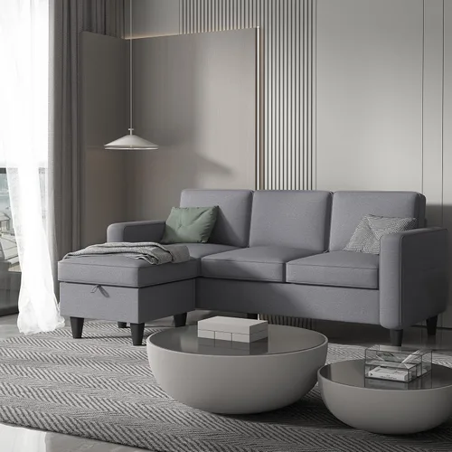Miniatura 9 de Sofá seccional convertible gris oscuro, moderno sofá tapizado de tela de lino en forma de L con bolsillos para reposabrazos, sofá de 3 plazas