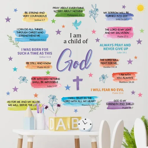 IARTTOP I Am A Child of God Christian Bible Verse Wall Decal Colorful Watercolor Scripture Wall Sticker Inspirational Religious Quote Stickers Decor