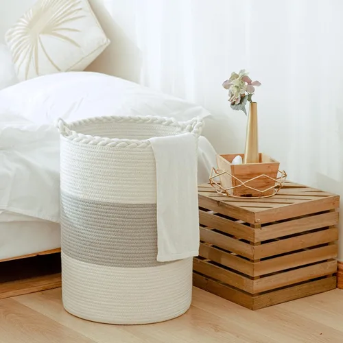 Miniatura 11 de Canasta de lavandería tejida de algodón de 58 litros, cesta alta para ropa, mantas, almohadas, juguetes, zapatos, gran cesta de lavandería