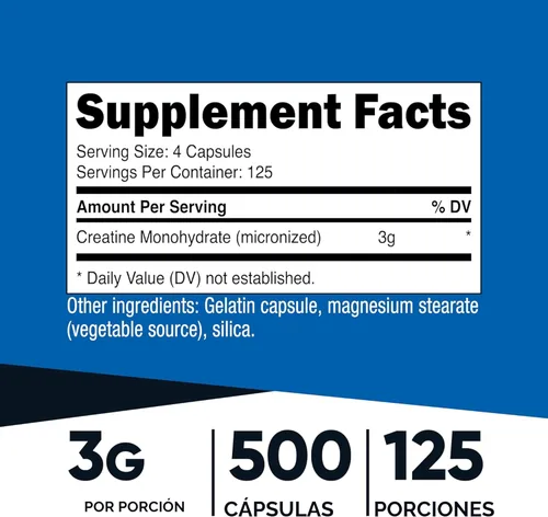 Miniatura 2 de Nutricost Monohidrato de creatina 3,000 mg 500 cápsulas, 125 porciones, 750 mg de monohidrato de creatina por cápsula