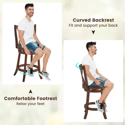 Miniatura 6 de COSTWAY Juego de 2 taburetes de bar, sillas giratorias de 360° con marco de madera de goma, asiento acolchado de piel sintética de 24 pulgadas