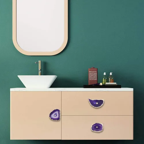 Miniatura 2 de Rockcloud Pomos de ágata morada para cajón, tiradores para armario de aparador, rebanada teñida con pomos de borde chapados en oro para decoración