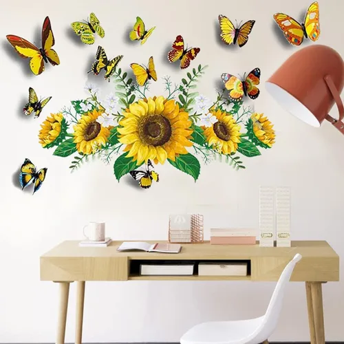 Miniatura 2 de Calcomanías de pared de girasol con mariposa 3D, calcomanías de pared de flores amarillas, SPRT impermeable y extraíble, calcomanías de pared