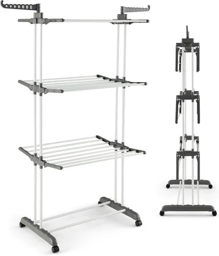 Miniatura 10 de Giantex Estante de secado de ropa plegable, estante plegable de gran tamaño de 4 niveles con 3 bandejas retráctiles, soportes para perchas, soporte