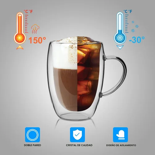Miniatura 6 de LIBWYS Paquete de 6 Tazas de Café de Vidrio de Doble Pared, Tazas de 12oz para Espresso Cappuccino Latte Té con Asa, Vasos Transparentes