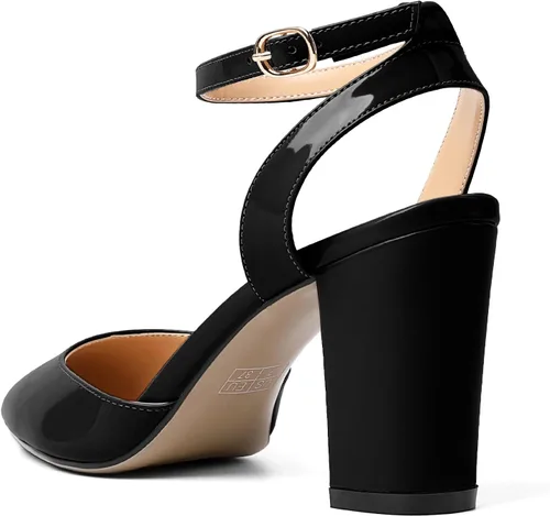 Miniatura 5 de Soireelady Tacones altos gruesos para mujer, tacones puntiagudos, correa al tobillo, sandalias envolventes de charol con diseño recortado, zapatos