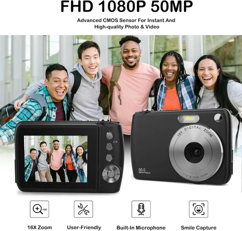 Miniatura 7 de Cámara digital, cámaras para niños para 50MP FHD 1080P, cámara digital de apuntar y disparar con zoom 16X antivibración, cámaras pequeñas compactas