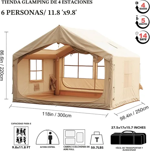 Miniatura 9 de SENLEETO Tiendas inflables para acampar, gran tienda de camping inflable con bomba manual, tiendas inflables fáciles de montar para 4-6 personas