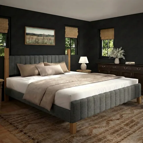 Miniatura 10 de Yechen Base de cama Queen con cabecero, marco de cama de madera con postes de madera maciza, no necesita somier, lino beige Sábanas beige