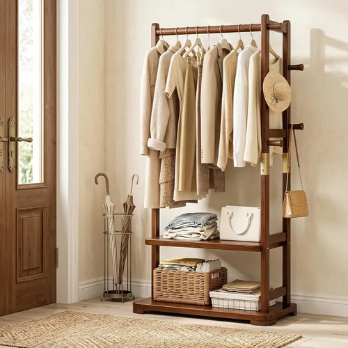 Perchero de madera maciza con 2 estantes y 4 ganchos para colgar ropa, carteras, sombreros, estante de ropa resistente, perchero para abrigos