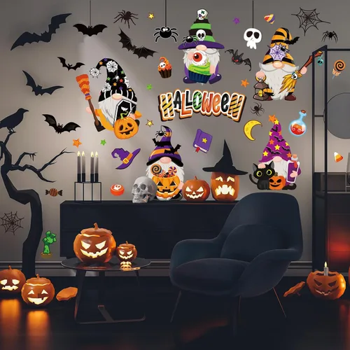 Miniatura 3 de Whaline Decoración de pared de gnomo de Halloween, gnomo, murciélago, araña, calabaza, calcomanías de pared, lindas calcomanías de arte extraíbles