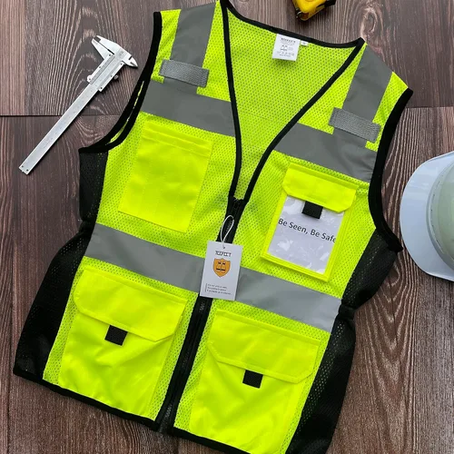 Miniatura 5 de TCCFCCT Chaleco de seguridad para mujer, chaleco reflectante de malla de 11 bolsillos con cremallera, chaleco de trabajo de construcción de neón