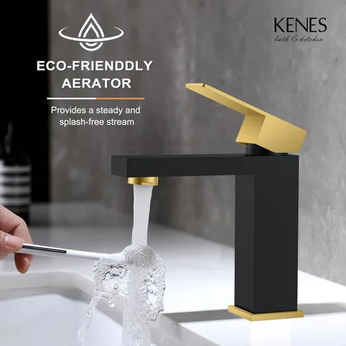 Miniatura 5 de KENES Grifo de lavabo de baño de una sola manija, grifos de baño negros y dorados de un solo orificio, grifo de tocador con desagüe emergente