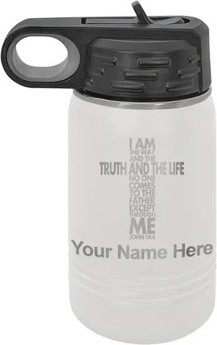 Miniatura 14 de LaserGram Botella de agua de doble pared abatible de 12 onzas con pajilla, versículo bíblico John 14-6, grabado personalizado incluido